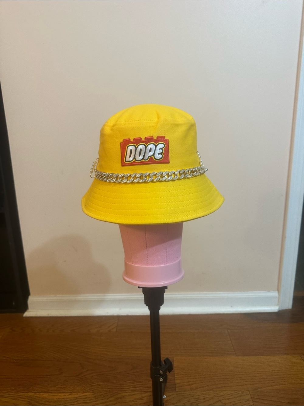 Hand Crafted Yellow "DOPE" Bucket Hat with Silver Chain